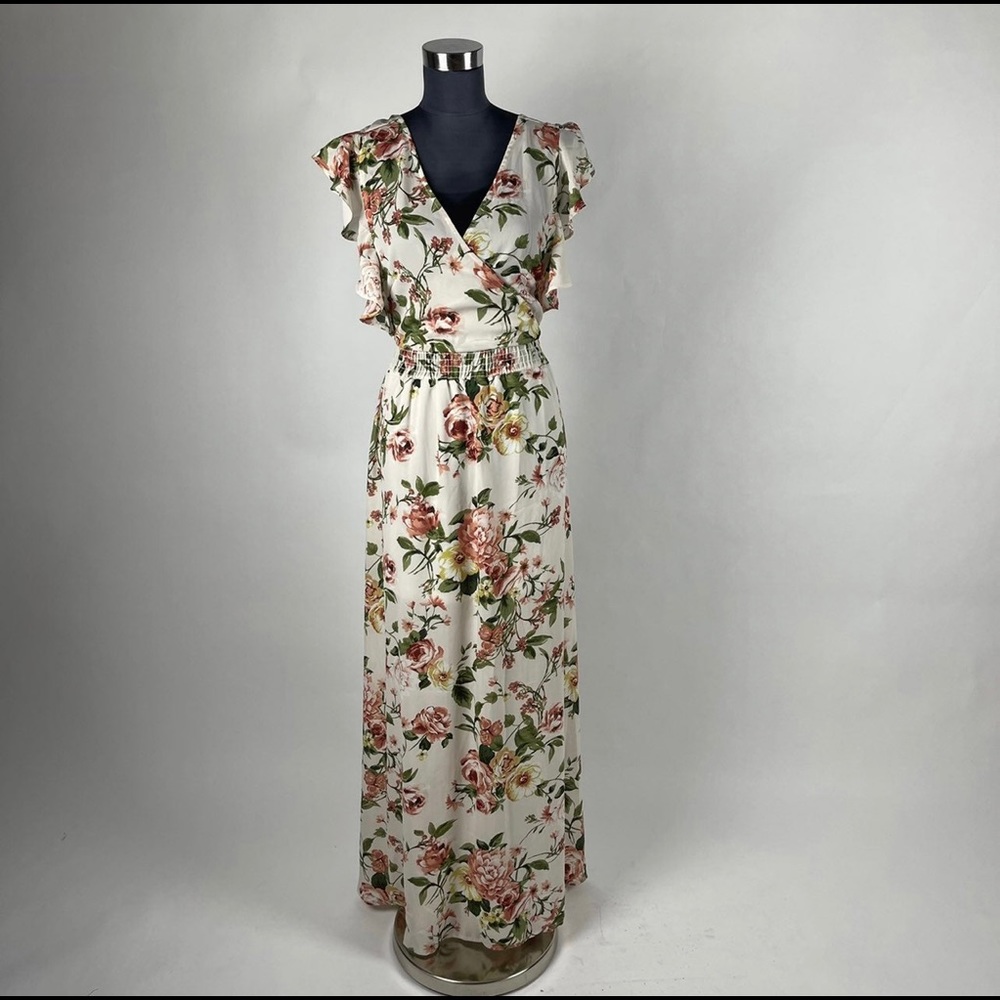 Floral Print Back Cutout Ruffle Tie Maxi Dress